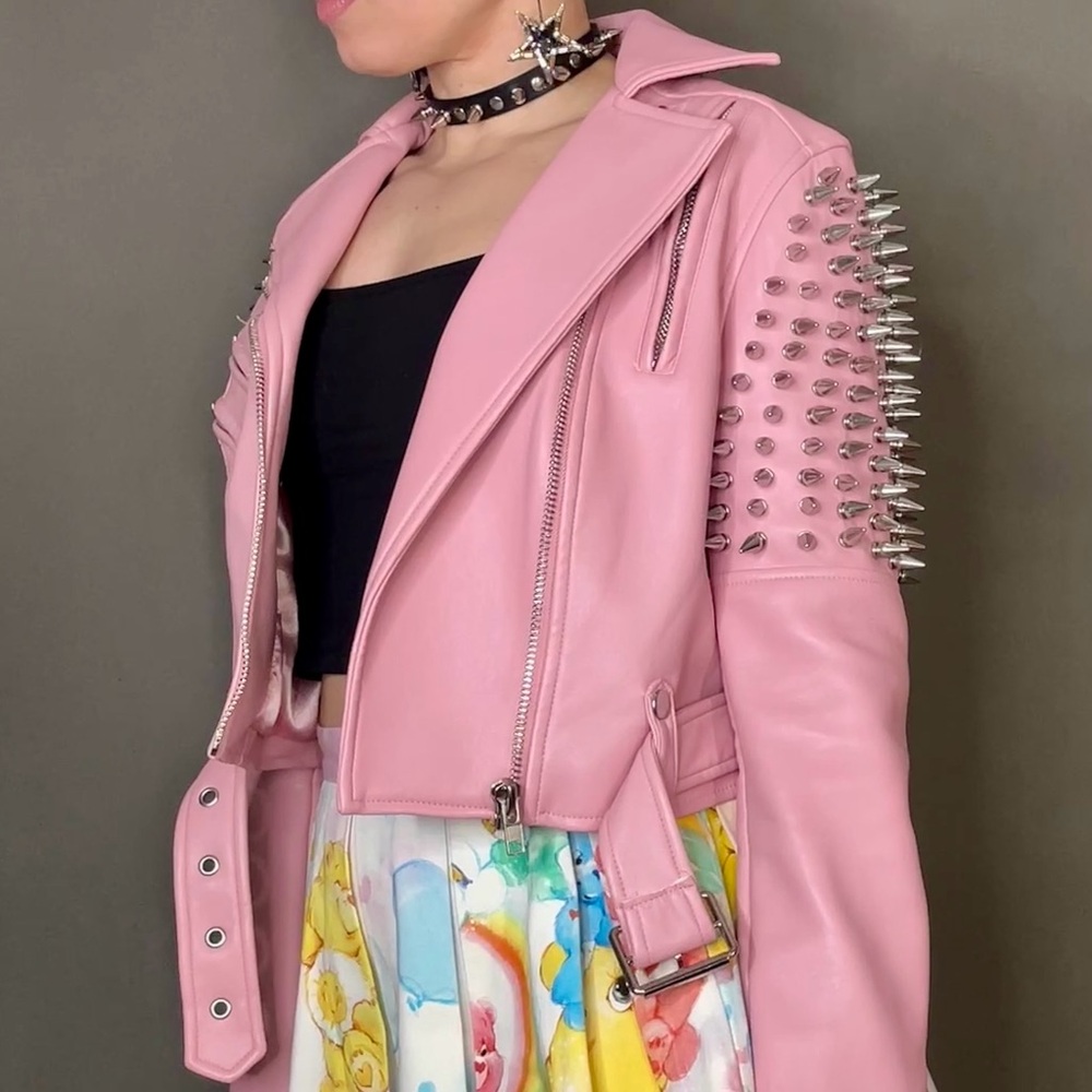 Killstar Disharmony Spike Studded Pink Vegan Leather Moto Jacket - Picture 4 of 13